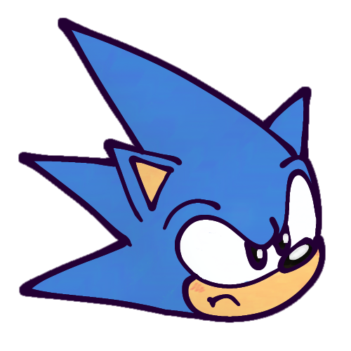 : A drawing of Sonic the Hedgehog’s head, in lieu of an emoji, with an angry expression. His spines stick up and out dramatically and are extra pointy, and his ears stick up a bit more than usual as well. His brow is lowered angrily, and his mouth is a frown. His cheeks are puffed slightly and there’s a small amount of blush on them. Sonic the Hedgehog, seen here in his “classic” design, is an anthropomorphic hedgehog with blue quills all over his body except for the tan fur on his muzzle and inner ears. His eyes, whose pupils’s are all-black ellipses with white shines, are very big, and their scleras conjoin in the middle. His quills are stylized so that his silhouette has three distinct big spines growing out from the back of his head